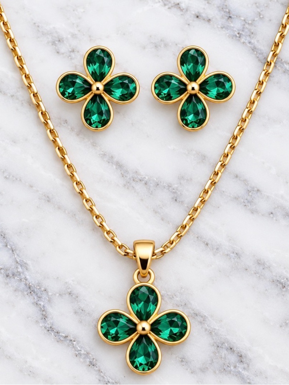 Gold-Plated Green Clover Pendant Necklace and Earring Set